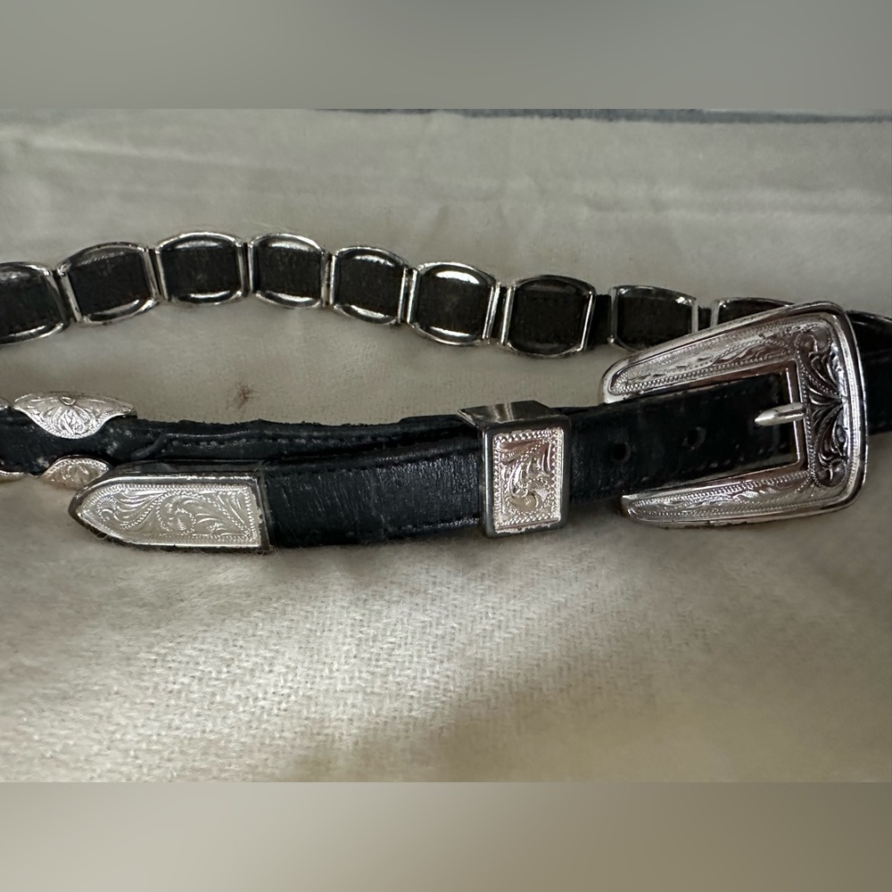 Vintage Western style black leather belt with silver